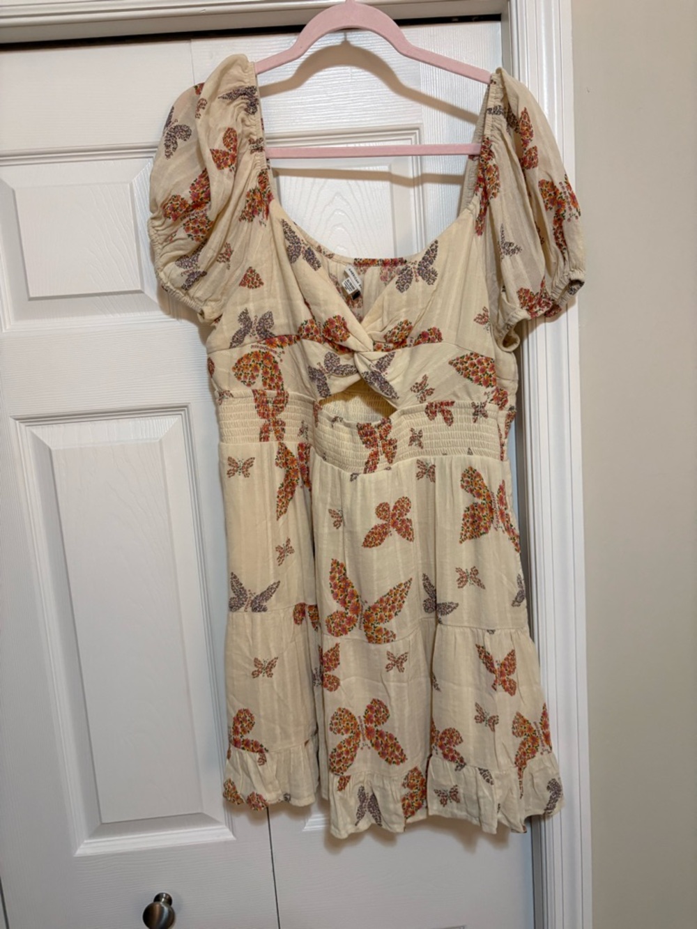 American Eagle Outfitters Cream Mini Dress with Orange & Purple Butterfly Print